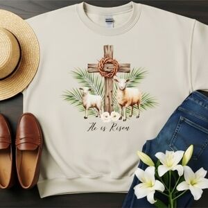 He Is Risen Easter Sweatshirt • Christian Cross Crewneck • Faith Based Religious